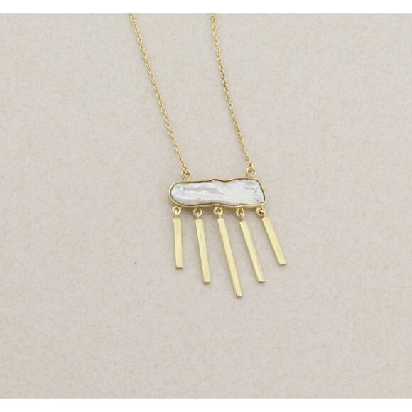 Gold Over Sterling Silver Natural Keshi Pearl Dangle Necklace 16" to 18" - Picture 5 of 8